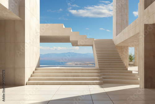 A staircase leading to nowhere  defying the laws of physics. Concept of architectural surrealism. Generative Ai.