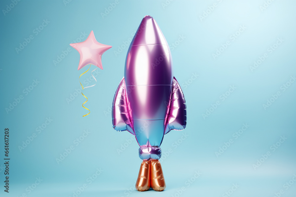 space birthday party: colorful space rocket shape foil balloon on a pastel blue background