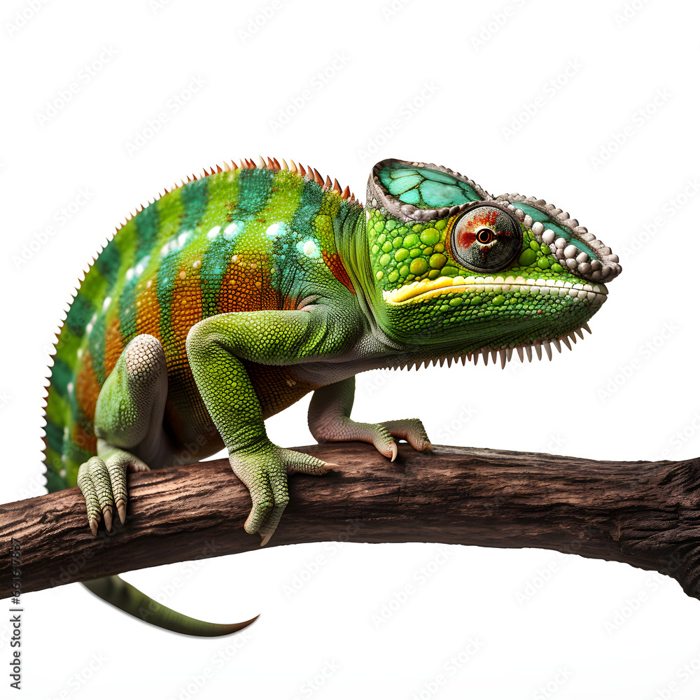 chameleon portrait on a branch, isolated white background Generative AI