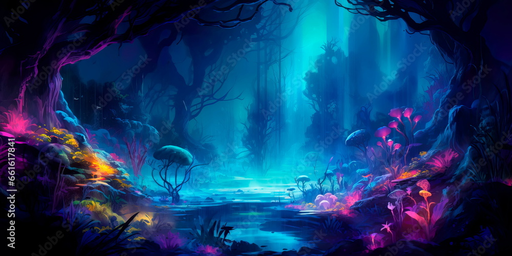 Obraz premium bioluminescent jungle at night, with fluorescent plants and animals creating an otherworldly, neon-lit atmosphere.