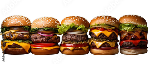 A delicious selection of hamburgers on a rustic wooden table