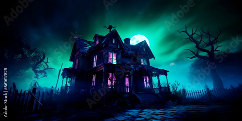 Bioluminescent Haunted House a spooky haunted house with bioluminescent ghosts,