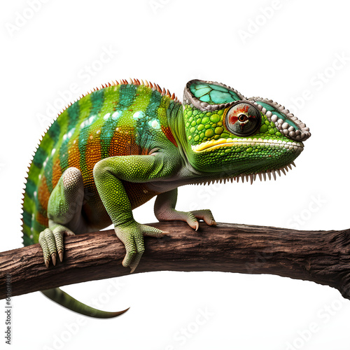 chameleon portrait on a branch  isolated white background Generative AI
