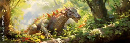 In an enchanted forest mischievous endearing dragon . Its colorful scales shimmer in the dappled sunlight.