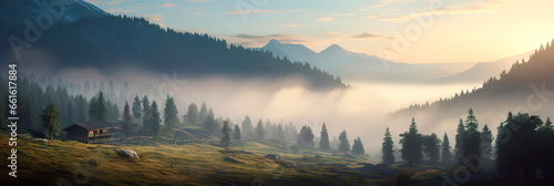 morning scene in the mountains, with mist swirling around the peaks, pine trees in the foreground, and a small cabin nestled among the trees. © Maximusdn
