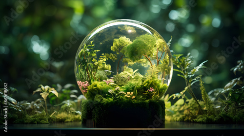 Glass globe surrounded by verdant forest flora. World Environment Day background. Earth day © FutureStock