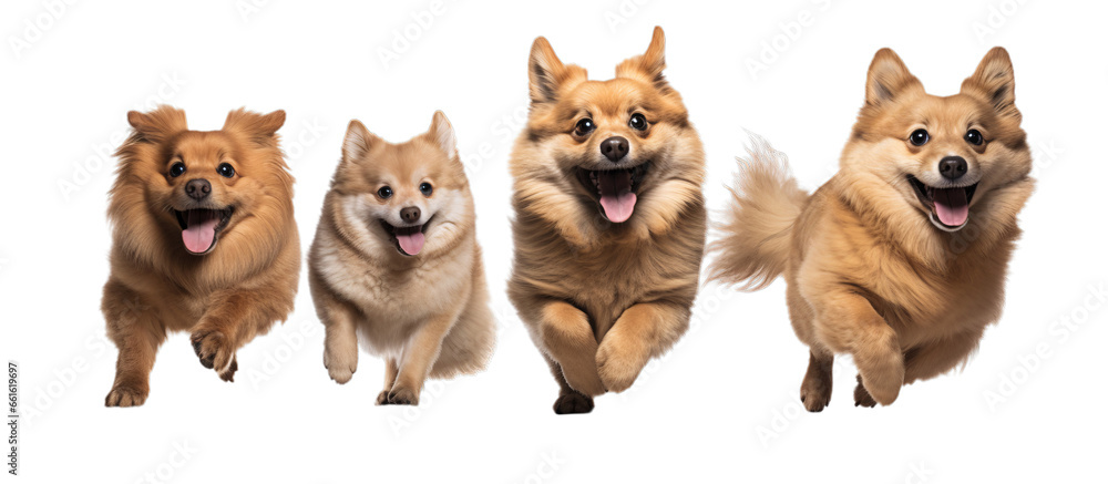 Three dogs leaping through the air in a playful motion