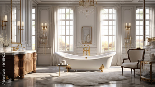 elegant bathroom has a glass-enclosed shower and a freestanding tub and a double vanity with gold fixtures