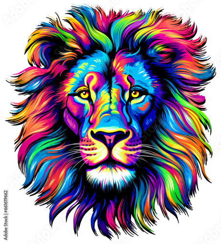 The lion in bright color with colorful hair, in the style of vibrant color 