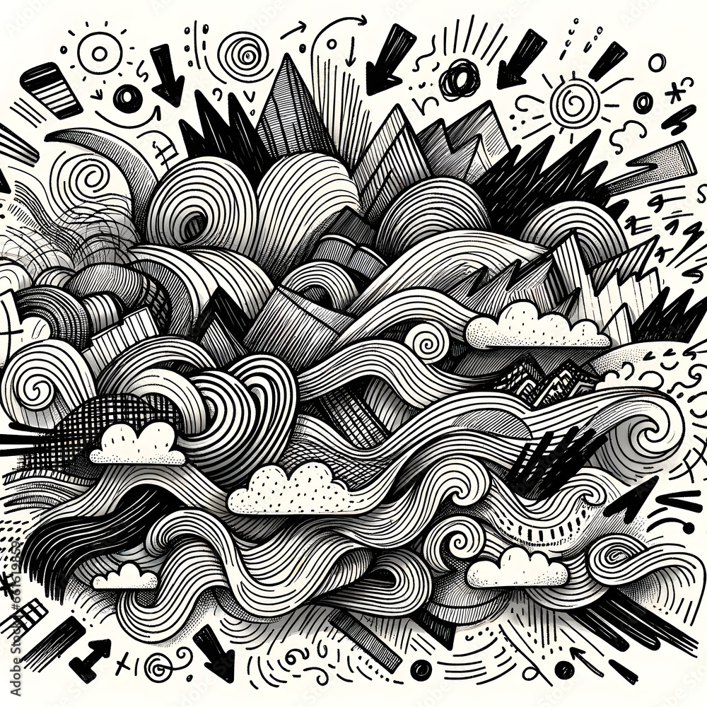 A marker sketch style vector illustration filled with squiggles, lines, and waves. Charcoal scribble stripes dominate the canvas, with emphasis arrows highlighting various elements. Chalk crayon - obrazy, fototapety, plakaty 