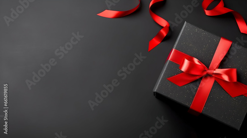 Photo Black Friday sale banner. Christmas box with ribbon on black background with copy space