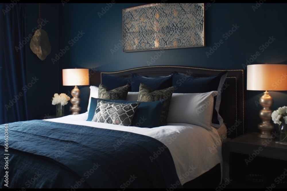 Background featuring a warm and inviting dark blue bedroom decor. Generative AI - obrazy, fototapety, plakaty 