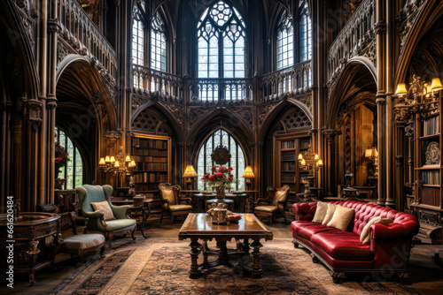 Gothic living room interior design, warm, red couch, arches, bookshelves © Sunshower Shots