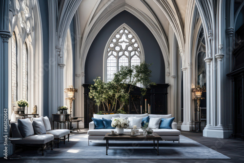 Gothic style living room interior design, gray, white and blue, high ceiling columns, arched windows