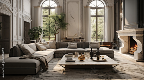opulent living room has a large sectional sofa and a marble-topped coffee table and a fireplace