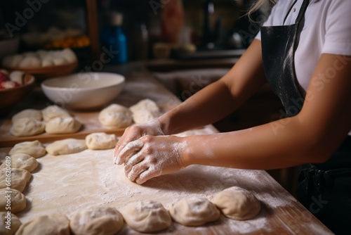 A close up of a young woman skillfully rolling out dough with a pin