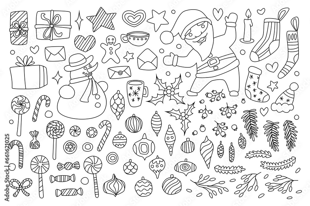 Vector Christmas set, doodle style. Hand drawn elements isolated on white background. Holiday decorations.