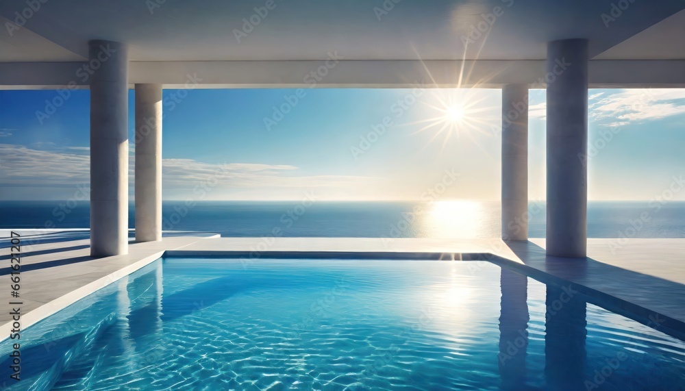 Dream space, open to the sea, with a pool inside the room that joins the sea, 8k,