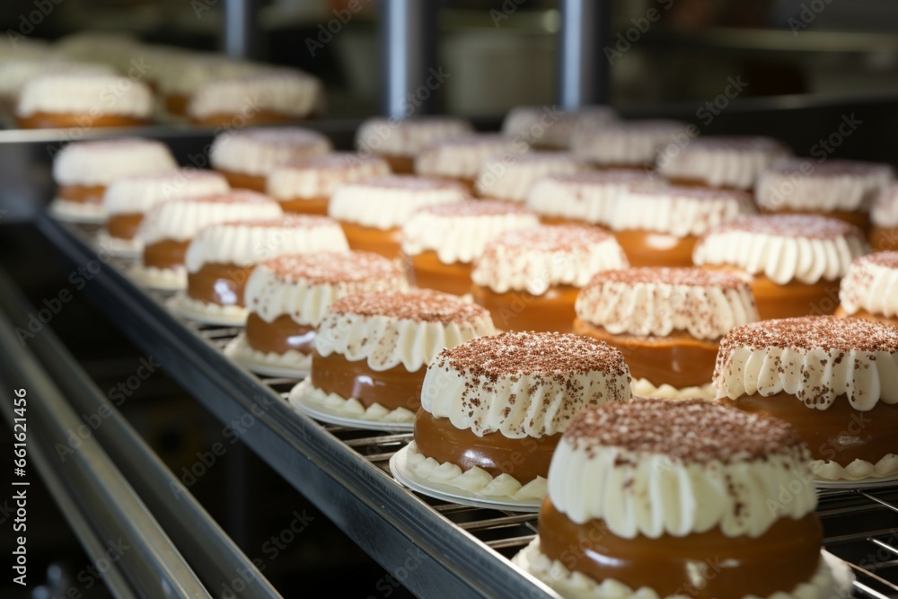 A line of freshly baked cakes in a confectionery factory, ready for packaging