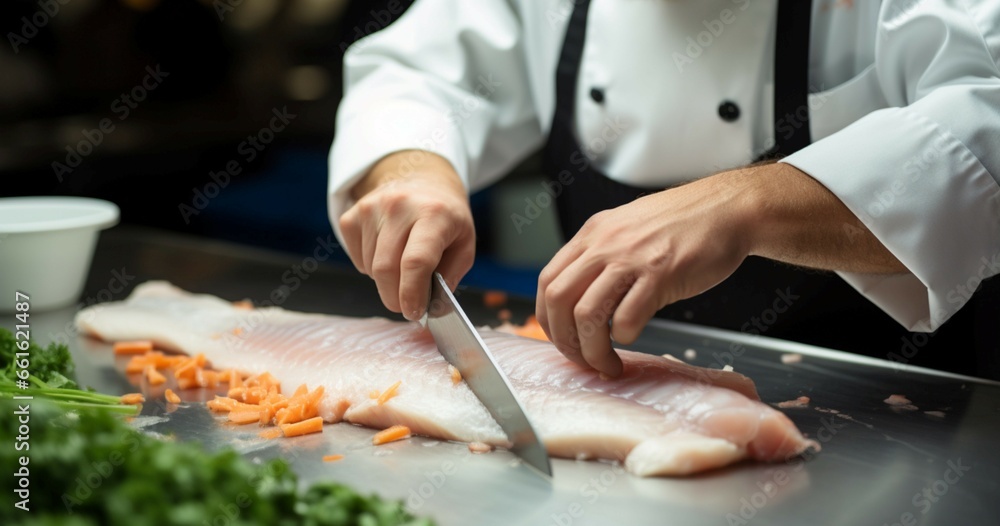 A male chef, in uniform, concentrates on slicing white tilapia fillet