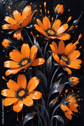 Orange flowers with splashes of paint
