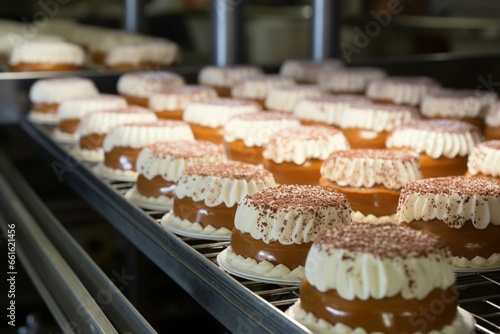 A line of freshly baked cakes in a confectionery factory, ready for packaging