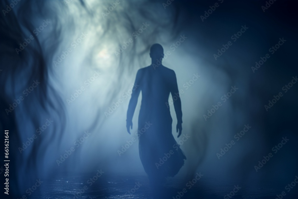 A mans spectral figure emerges from the smoky stage, a dreamy apparition