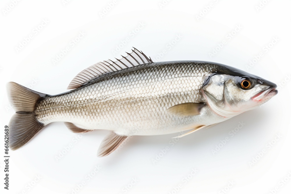 A sea bass fish, perfectly presented against a white, blank canvas