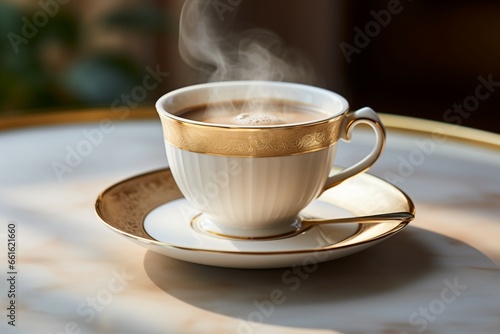 A porcelain coffee cup and saucer elegantly await a steaming brew
