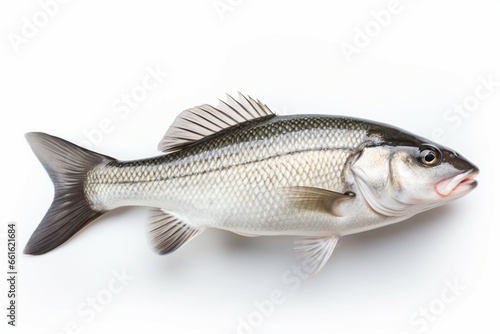 A sea bass, captured in all its freshness, against a plain white background