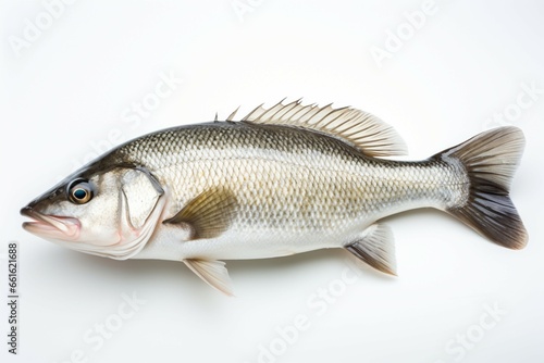 A sea bass, captured in all its freshness, against a plain white background