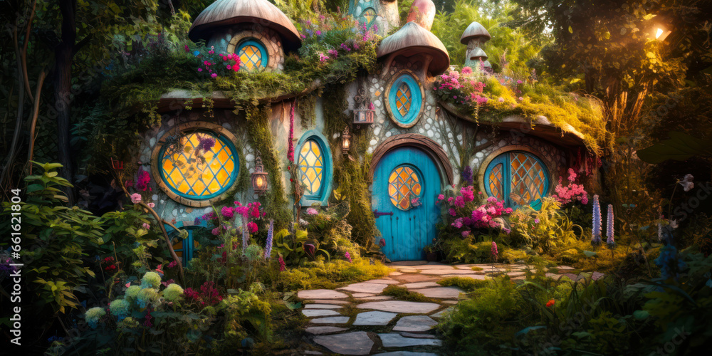 Whimsigothic fantasy home in the forest with round blue door and windows, wide