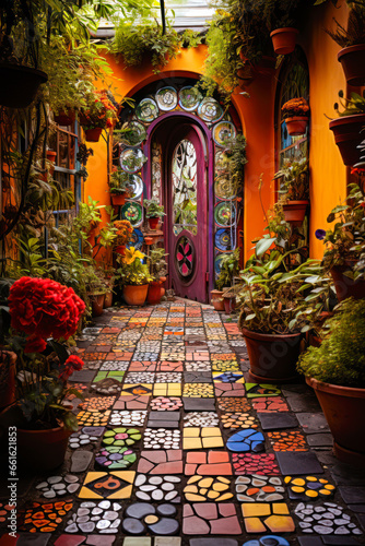 Whimsigothic eclectic garden design with mosaic tile path, potted plants and orange walls, vertical