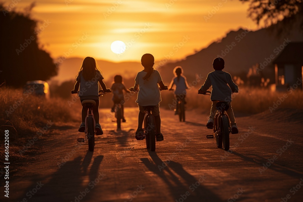 Active Asian children on bicycles create silhouettes in the sunsets warm glow