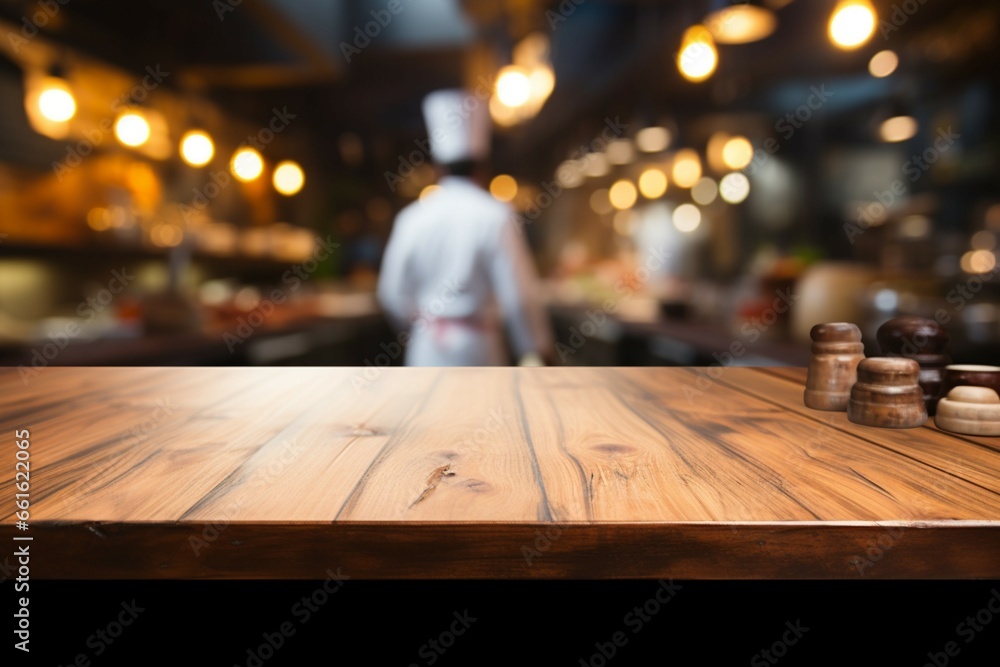 An empty wooden table in a restaurant kitchen as a chef cooks