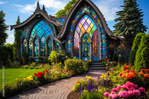 Whimsigothic style fantasy house exterior design with colorful stained glass windows in the garden
