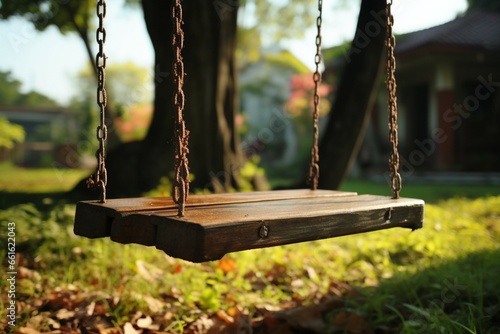 An old wooden swing, closeup, hangs gracefully from a backyard tree