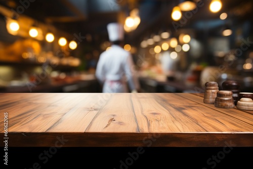 An empty wooden table in a restaurant kitchen as a chef cooks