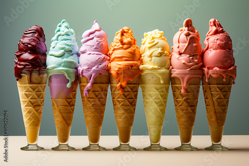 A colorful row of ice cream cones with various flavors. A row of ice cream cones with different flavors