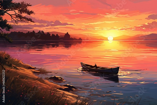 peaceful sunset scene: a serene illustration. Generative AI