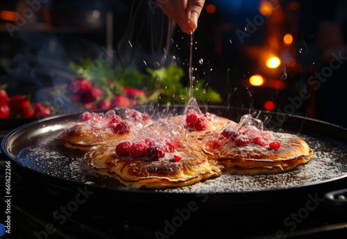 A person sprinkling sugar on pancakes with raspberries