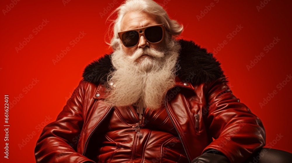 Santa Claus in Sunglasses and red leather coat Sitting in the chair: Static Pose on Red Background in Hyper-Realistic Punk Style