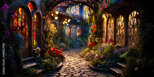 Whimsigothic style fantasy homes village at night  wide