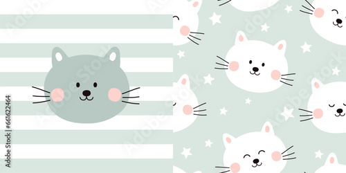 Cute cat card and seamless pattern. Backgrounds for children with cats and stars. Vector illustration. It can be used for wallpapers, wrapping, cards, patterns for clothing and others. © Evalinda