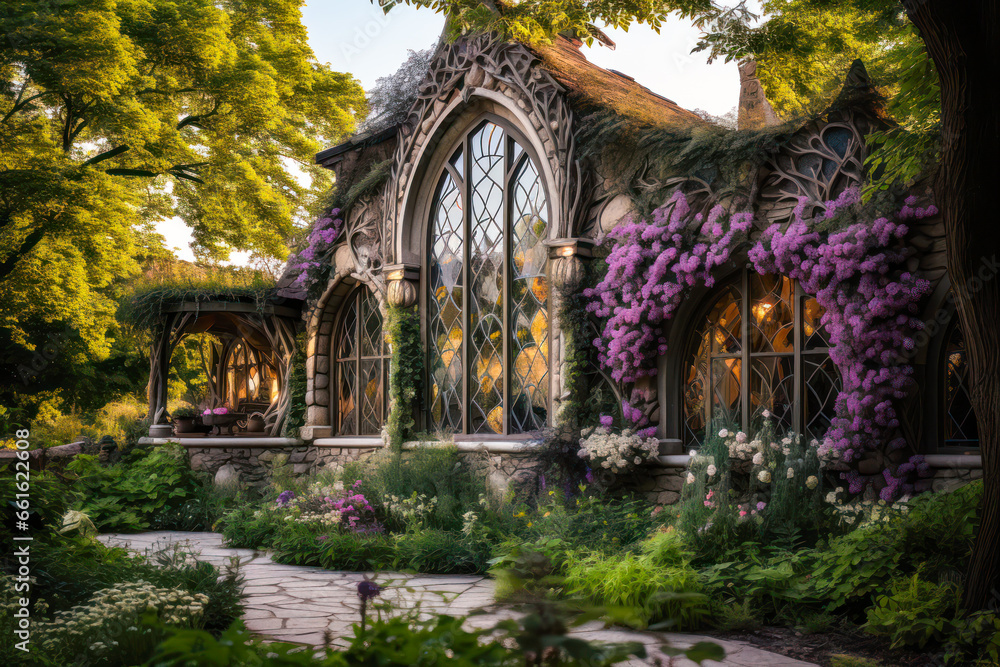 Whimsigothic style house exterior design in garden, Gothic windows, purple flowers Whimsigothic style house exterior design in garden, Gothic windows, purple flowers
