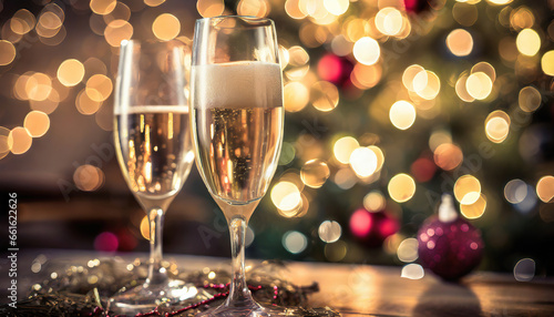 champagne glasses with christmas blurred background