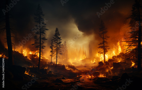 A dense forest engulfed in flames and thick smoke