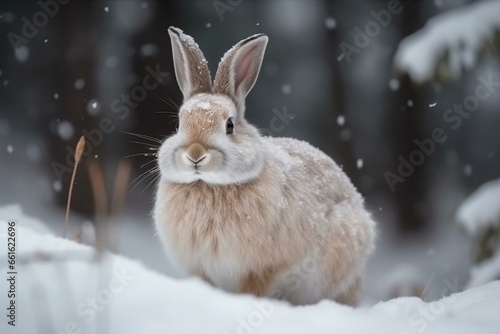 adorable bunny in the snowy season. Generative AI