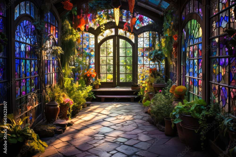 Fototapeta premium Whimsigothic style greenhouse with colorful stained glass windows