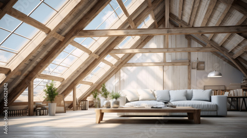 modern attic is bright and airy and featuring skylights and exposed beams and and a cozy seating area